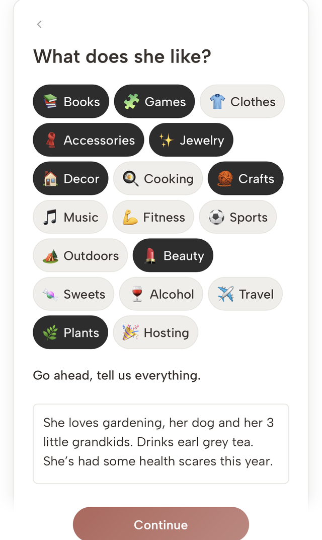 Adding a person to Thea — choosing what she likes and a note about her