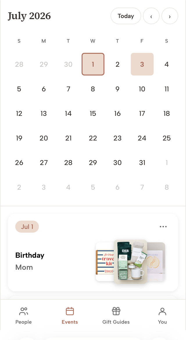 Thea's Events calendar with Mom's birthday and a stack of fresh gift picks for her